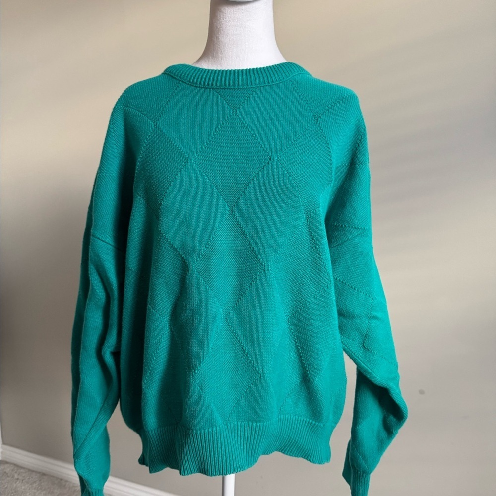 Vintage Lands' End Argyle Diamond Crewneck Knit Sweater Blue Green Large